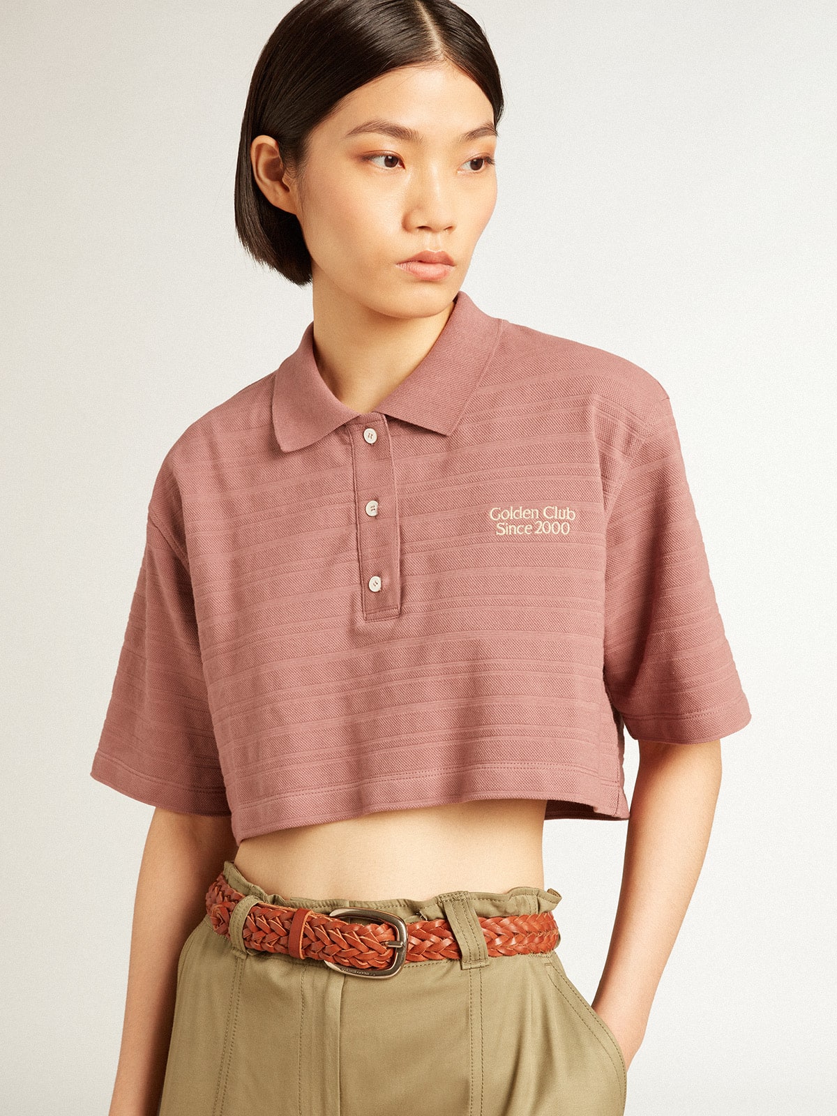 Taupe pink-colored cotton piquet cropped polo shirt