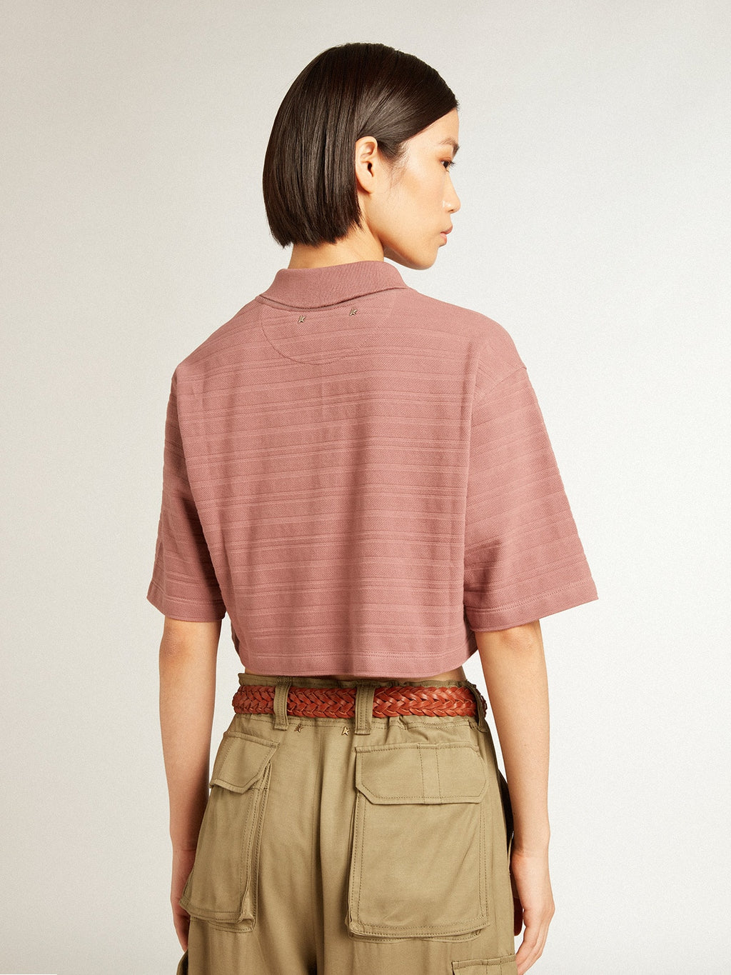 Taupe pink-colored cotton piquet cropped polo shirt