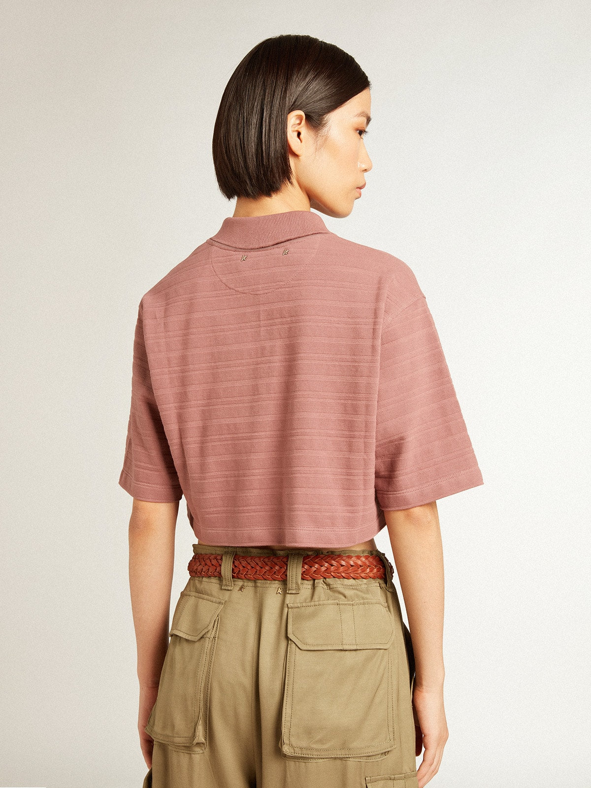 Taupe pink-colored cotton piquet cropped polo shirt