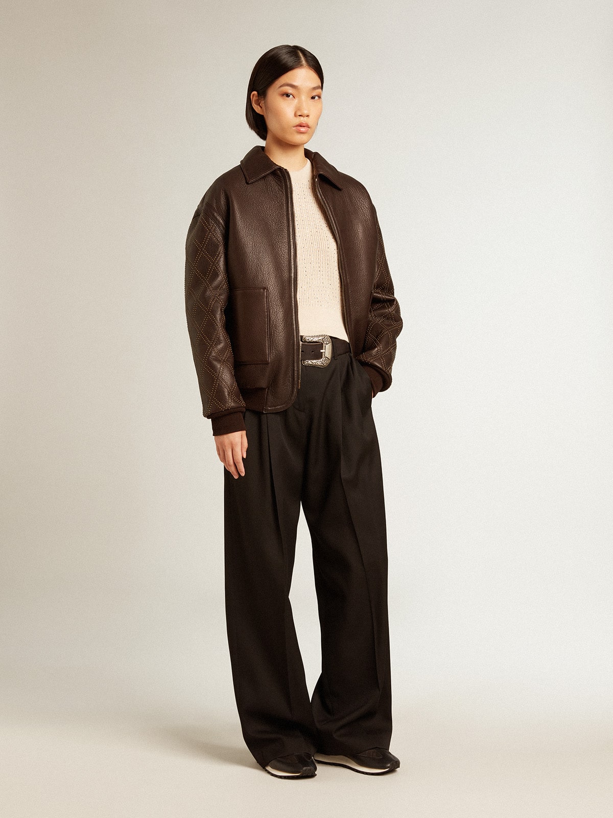 Brown nappa leather jacket with studded sleeves