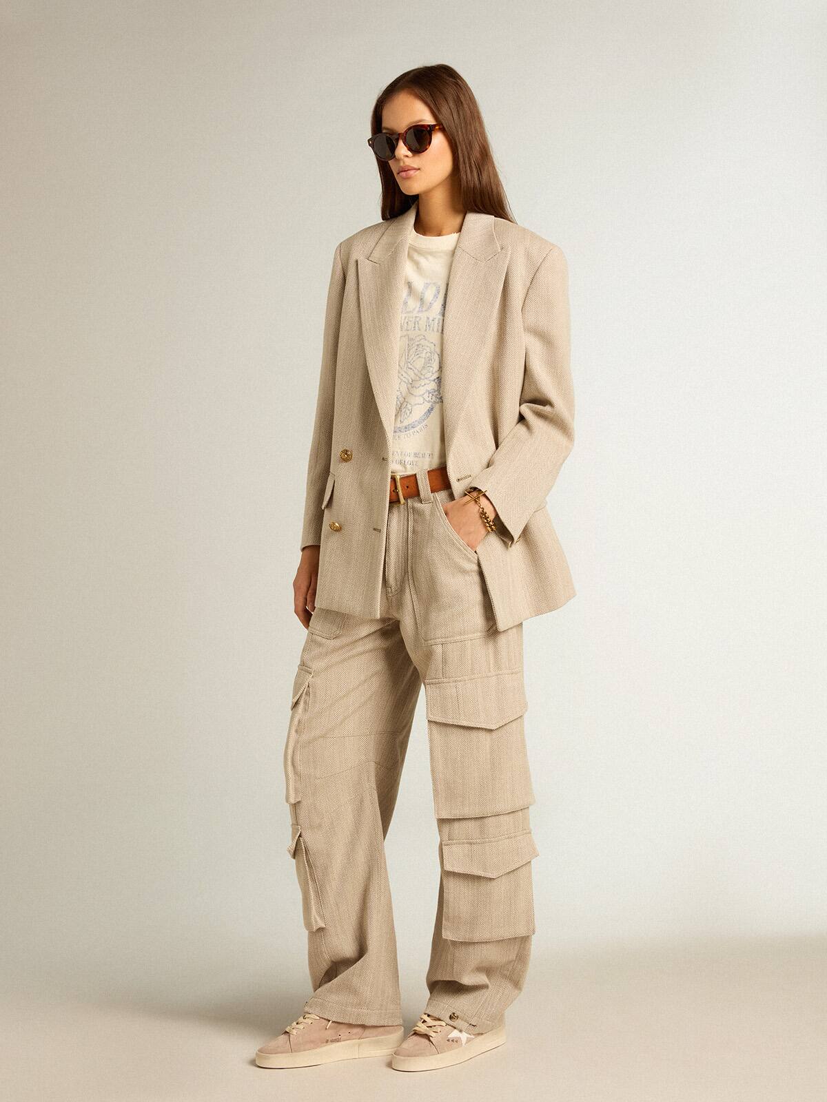 Women's dark olive-colored cotton cargo pants with a herringbone design