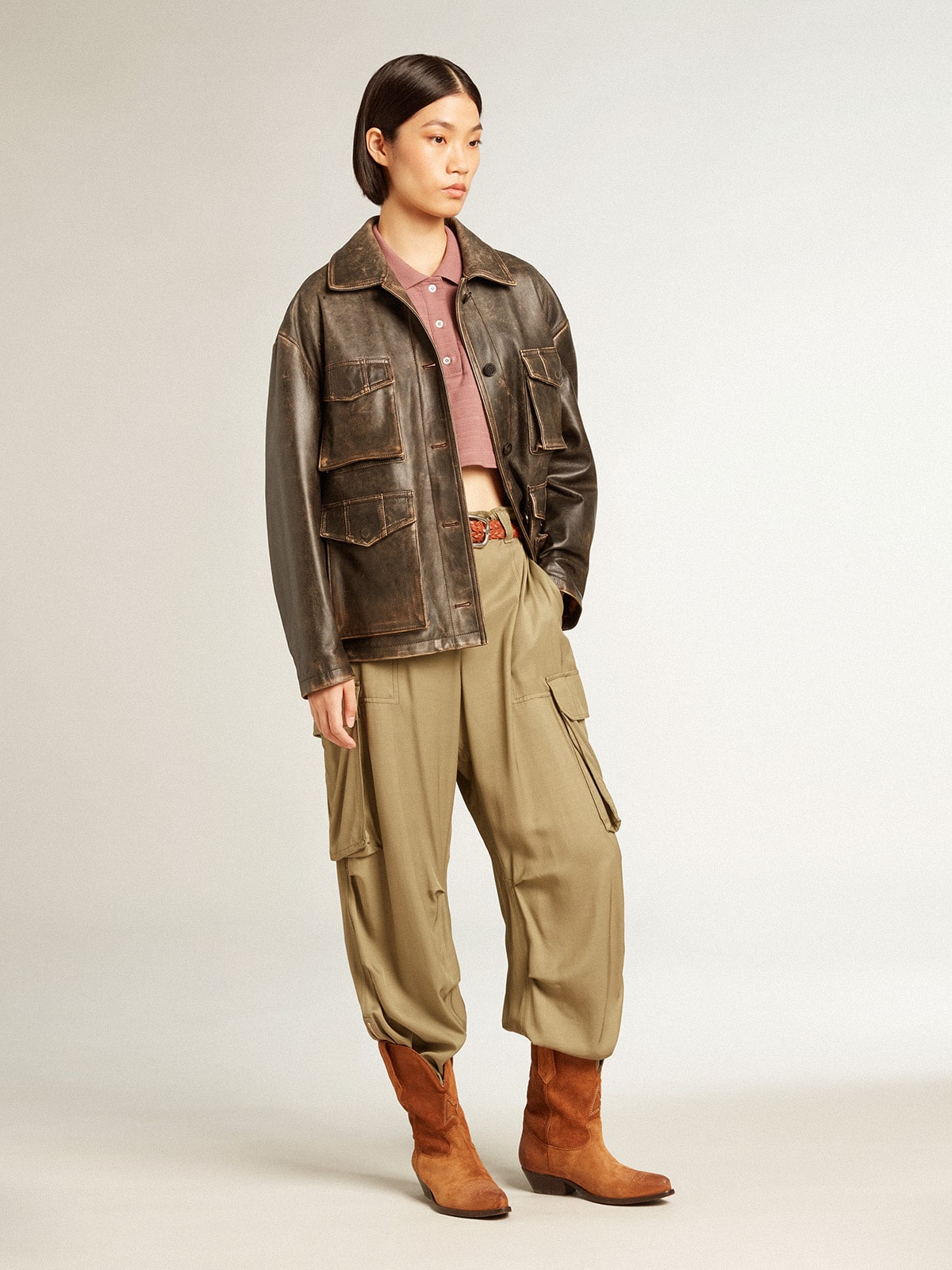 Women’s olive-colored viscose cargo pants