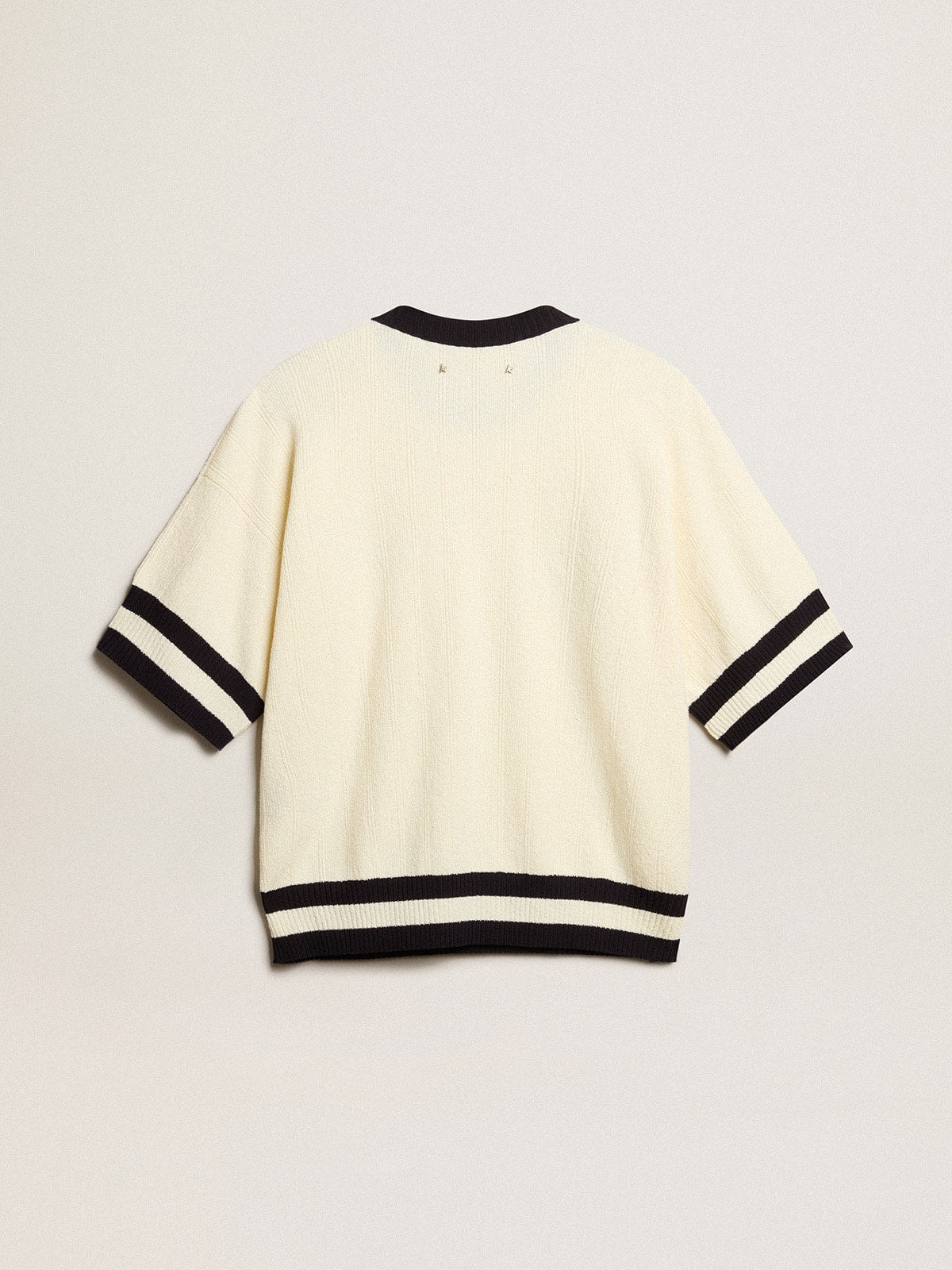 Women's short-sleeved sweater in vintage white with blue rib knit