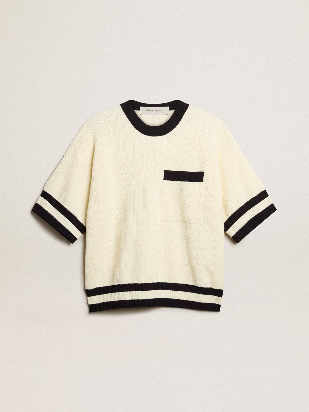 Women's short-sleeved sweater in vintage white with blue rib knit