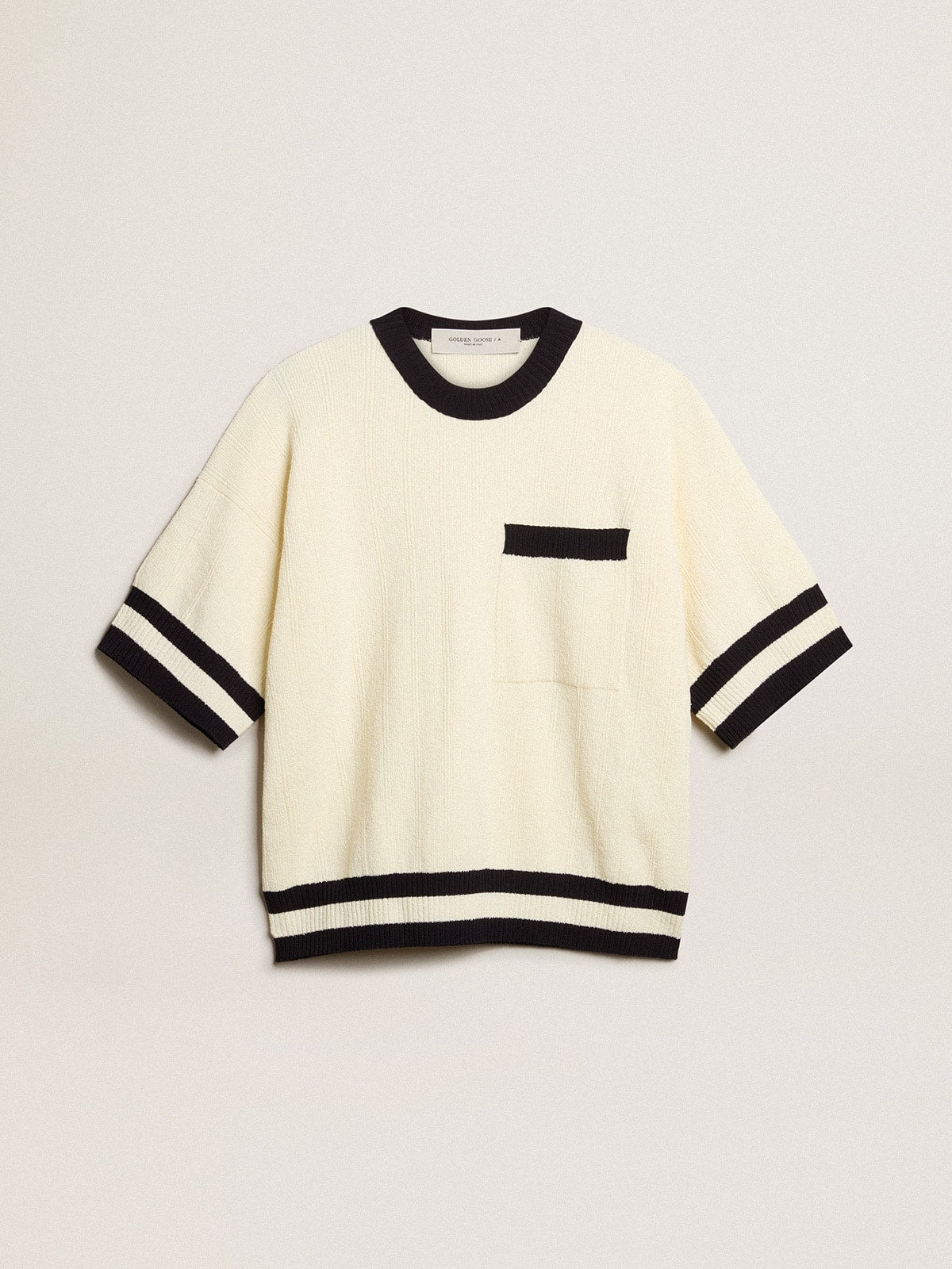 Women's short-sleeved sweater in vintage white with blue rib knit
