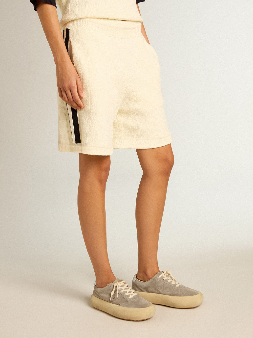 Women's vintage white shorts with blue rib knit on the sides