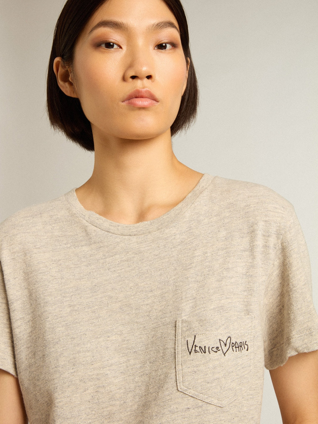 Women’s gray melange cotton T-shirt with embroidered lettering