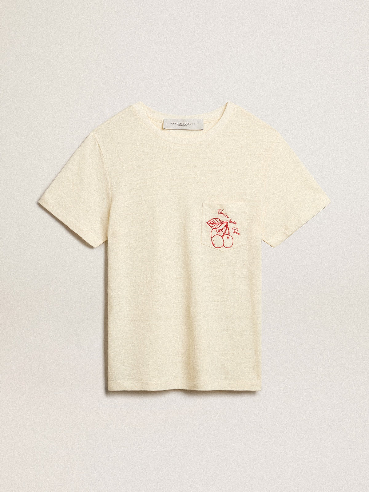 Women’s cotton T-shirt in aged white with embroidered pocket