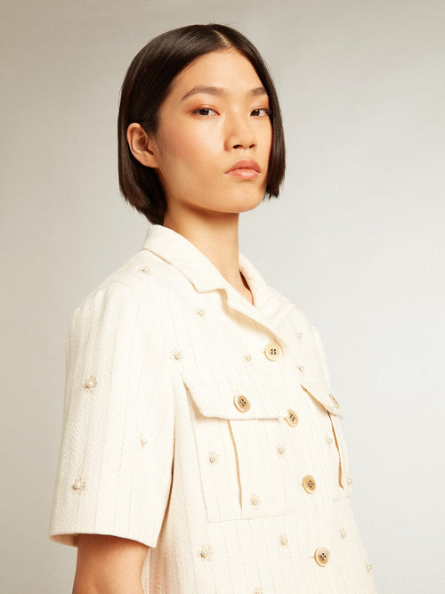 Aged white jacket in pinstripe cotton with all-over floral embroidery