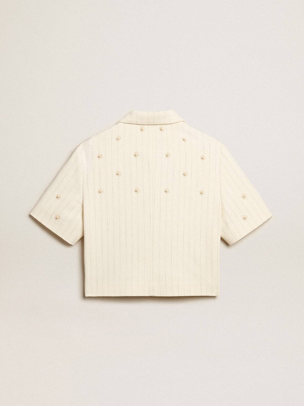 Aged white jacket in pinstripe cotton with all-over floral embroidery