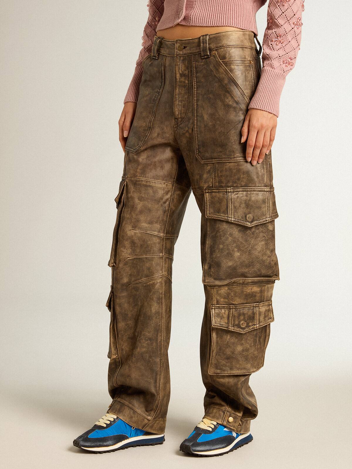 Women's aged brown nappa leather cargo pants
