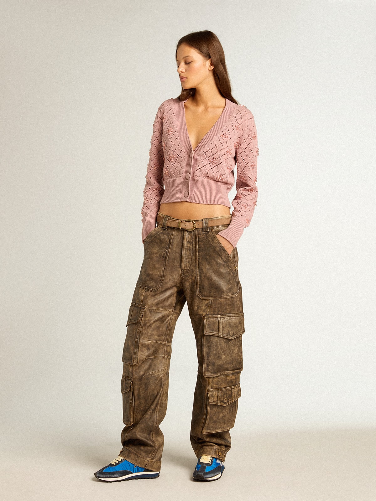 Women's aged brown nappa leather cargo pants