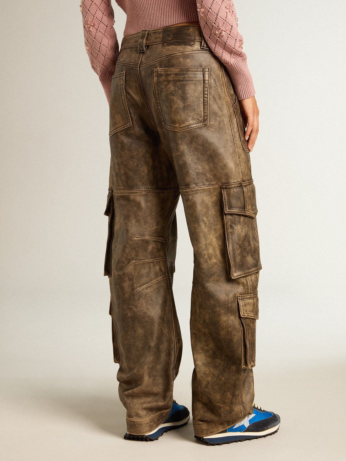 Women's aged brown nappa leather cargo pants