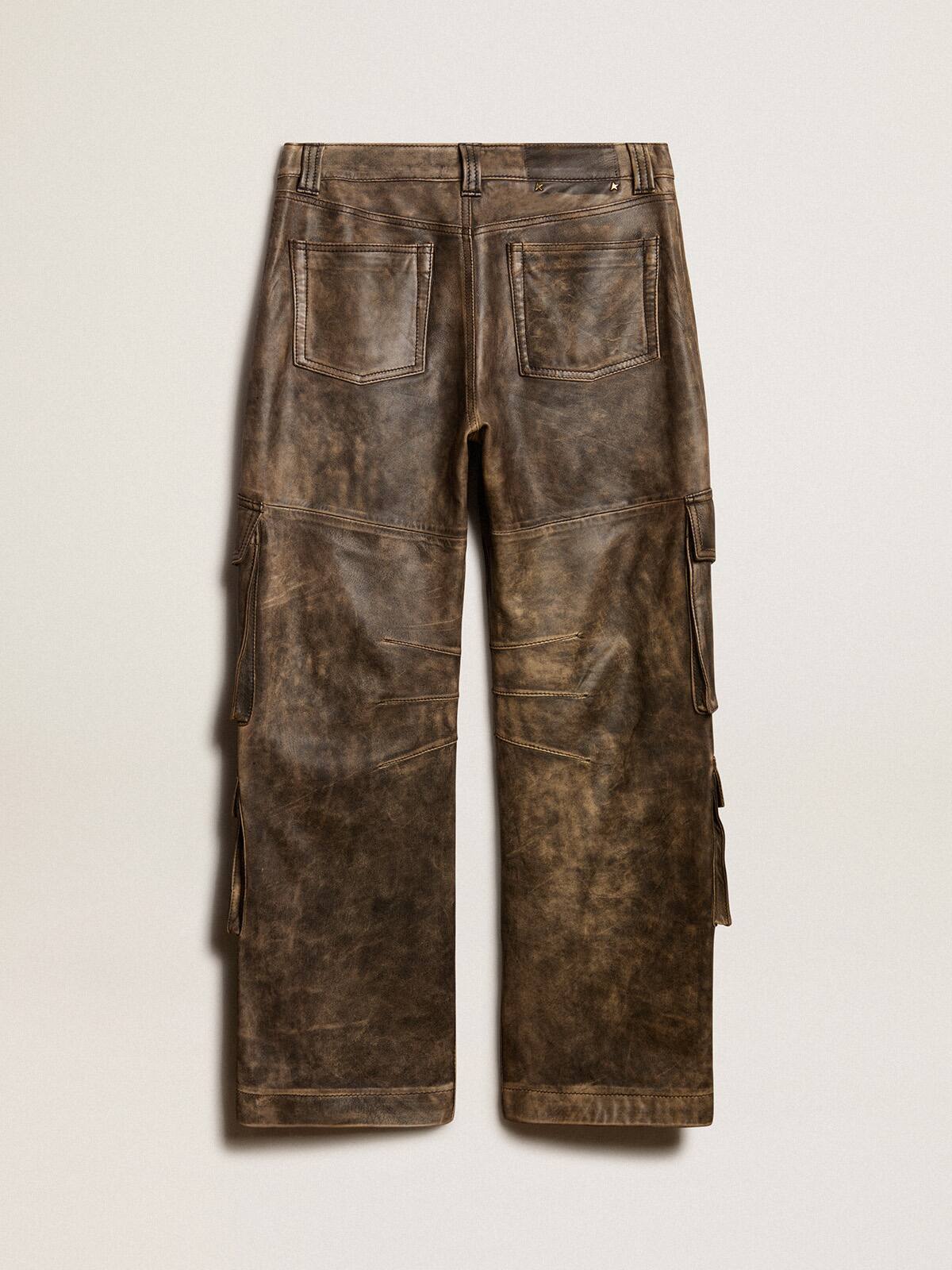 Women's aged brown nappa leather cargo pants