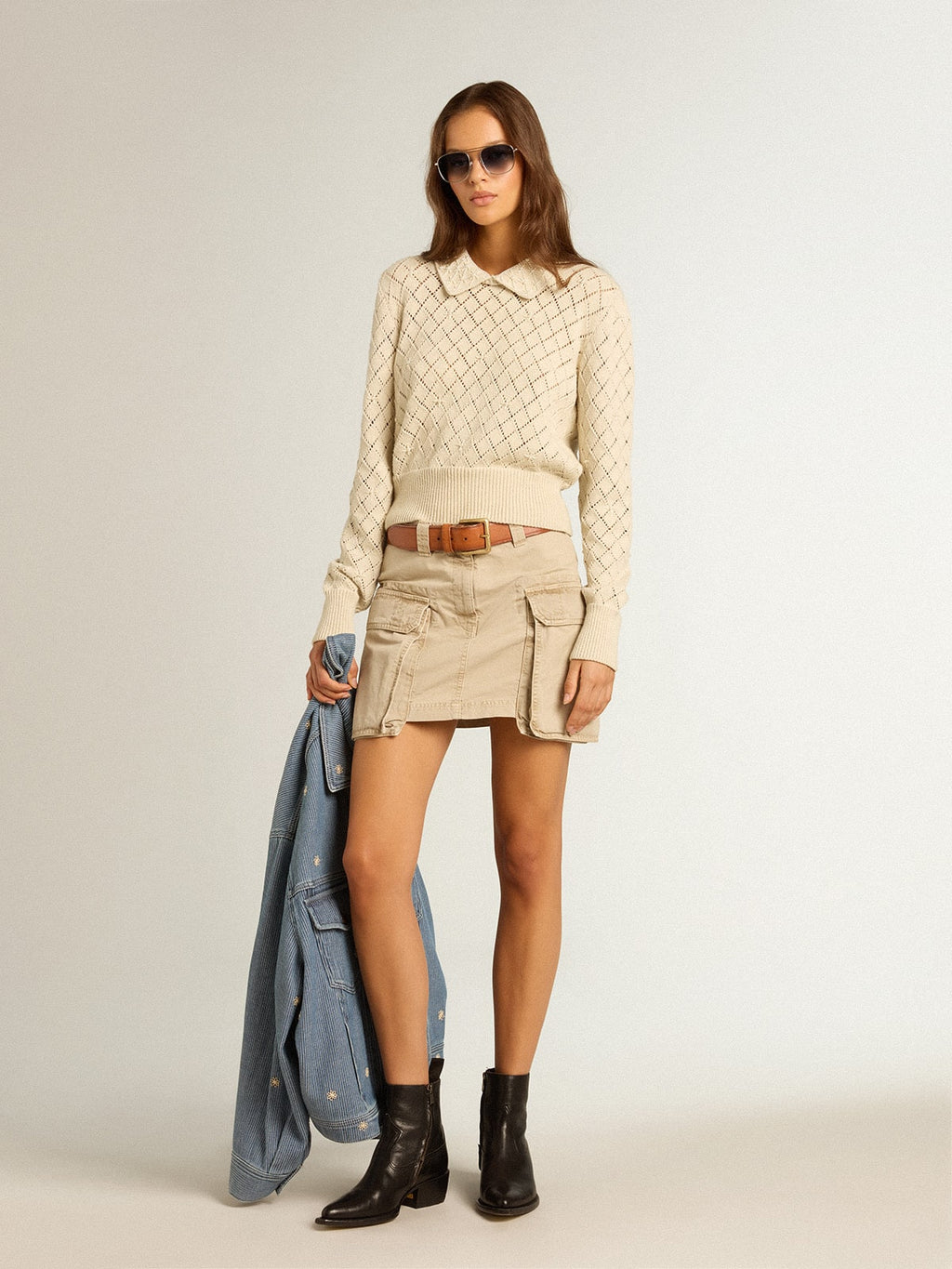 Panama-colored openwork cotton cropped sweater with pearl embroidery