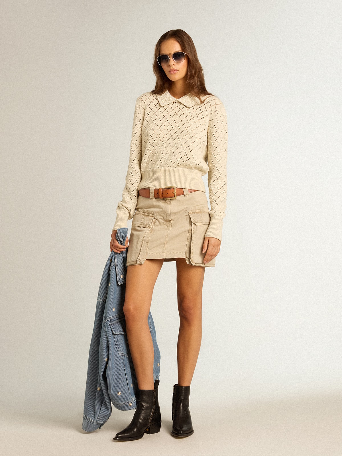 Panama-colored openwork cotton cropped sweater with pearl embroidery