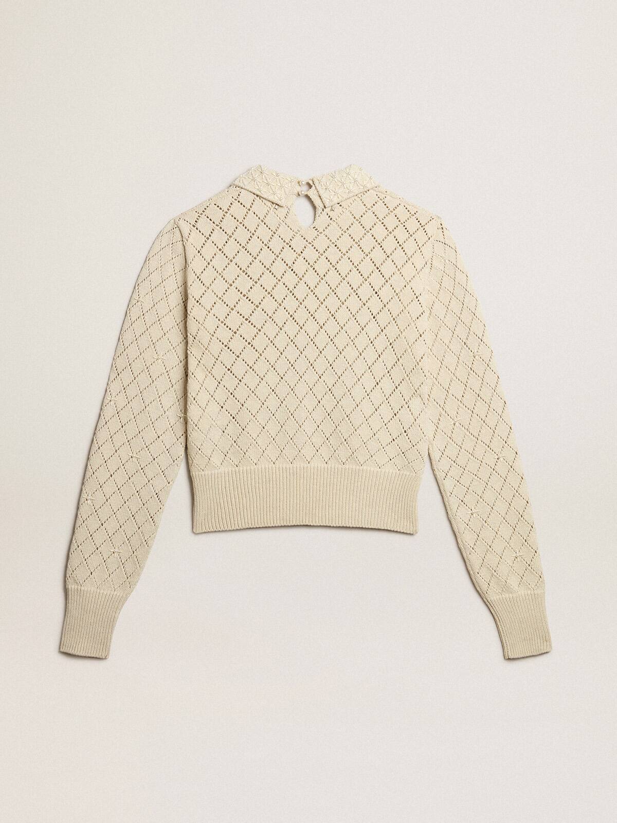 Panama-colored openwork cotton cropped sweater with pearl embroidery