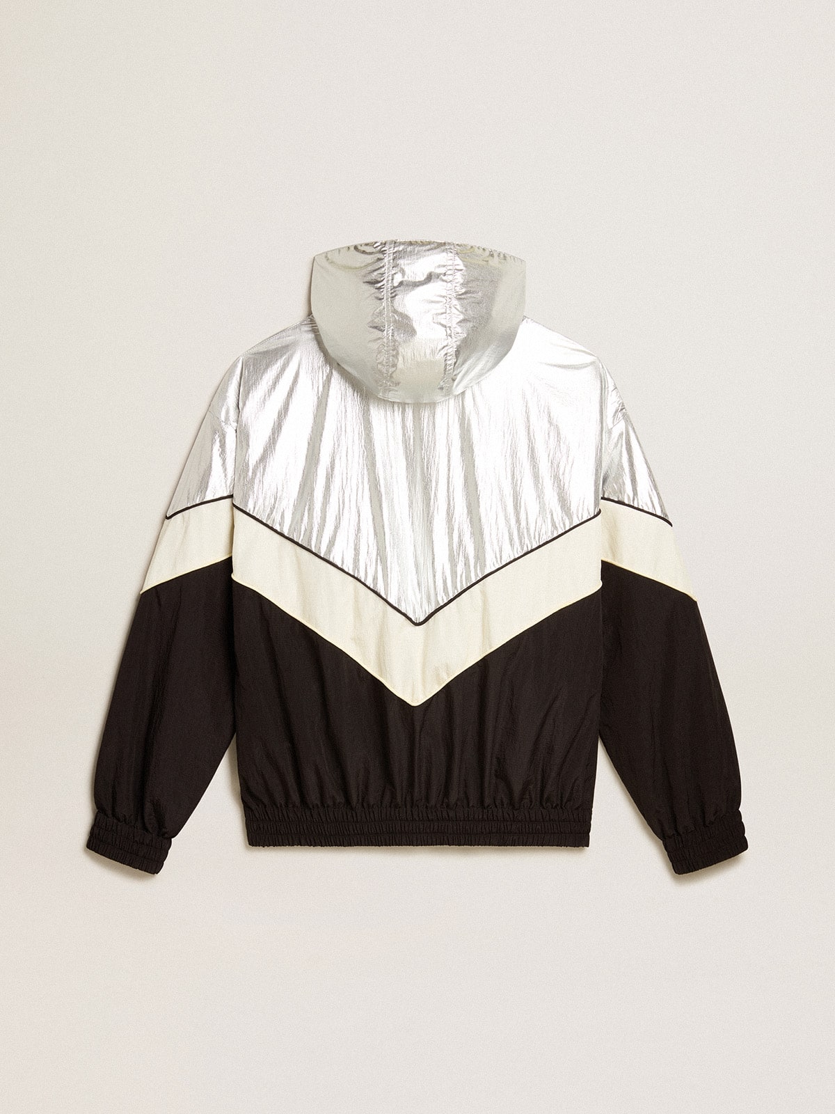 Women's windcheater in silver and black technical fabric