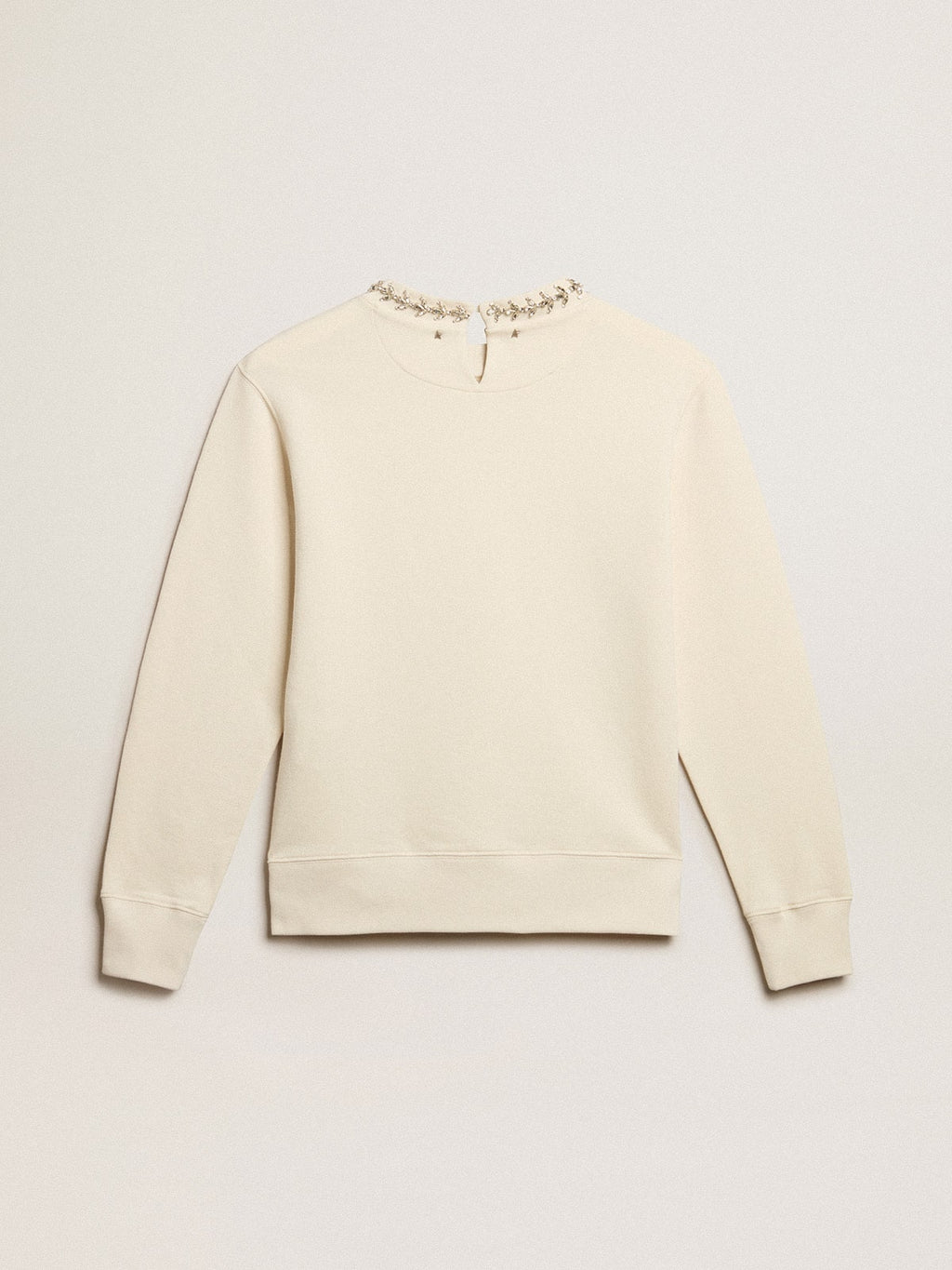 Round-neck cotton sweatshirt in aged white with hand-applied crystals