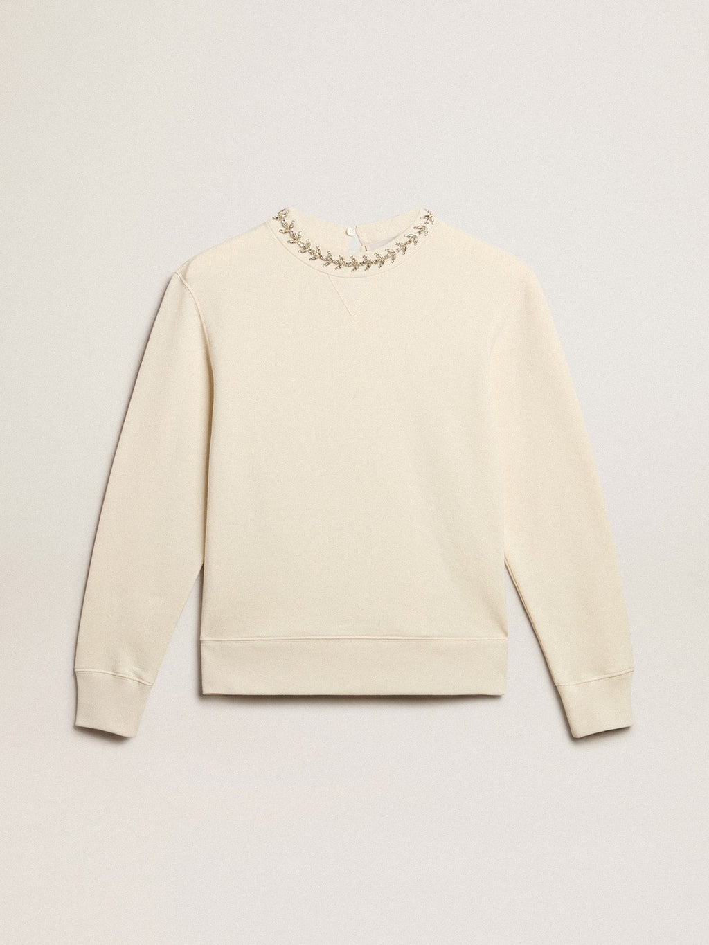 Round-neck cotton sweatshirt in aged white with hand-applied crystals