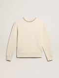 Round-neck cotton sweatshirt in aged white with hand-applied crystals
