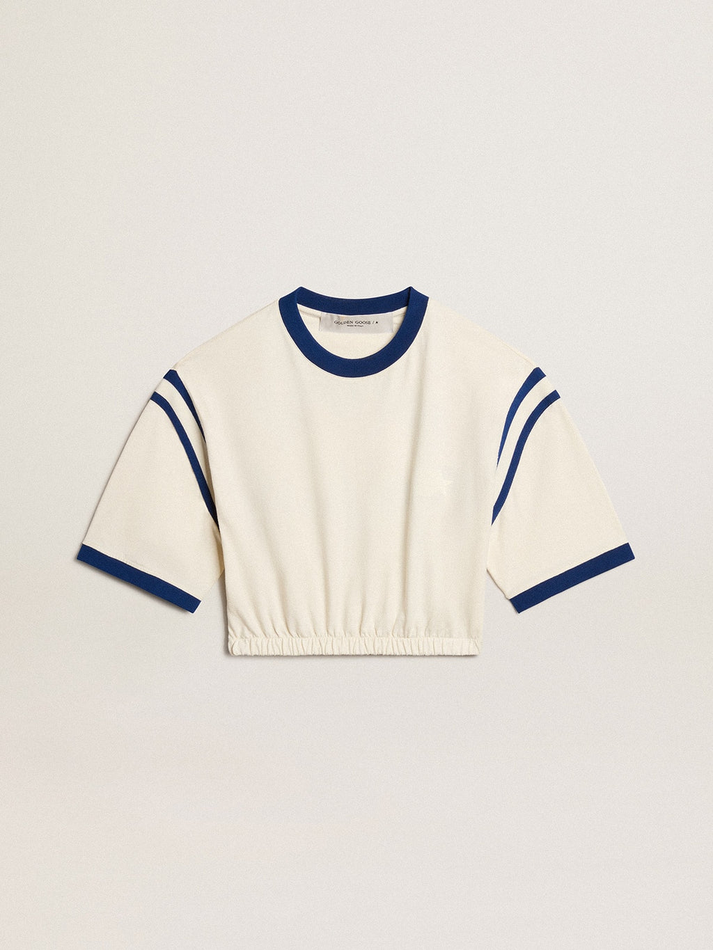Aged white cotton cropped T-shirt with lettering on the back