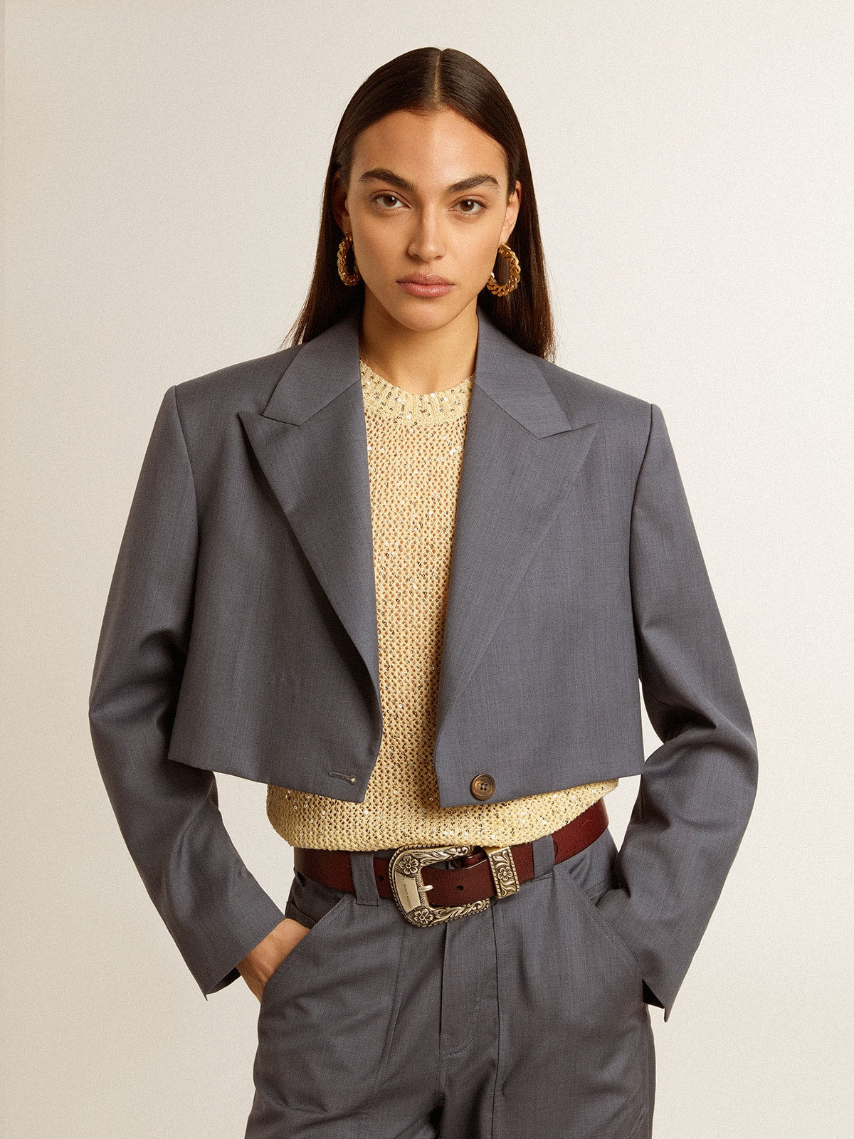 Women's single-breasted cropped jacket in baby blue wool