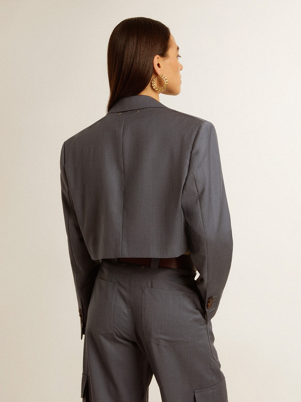 Women's single-breasted cropped jacket in baby blue wool