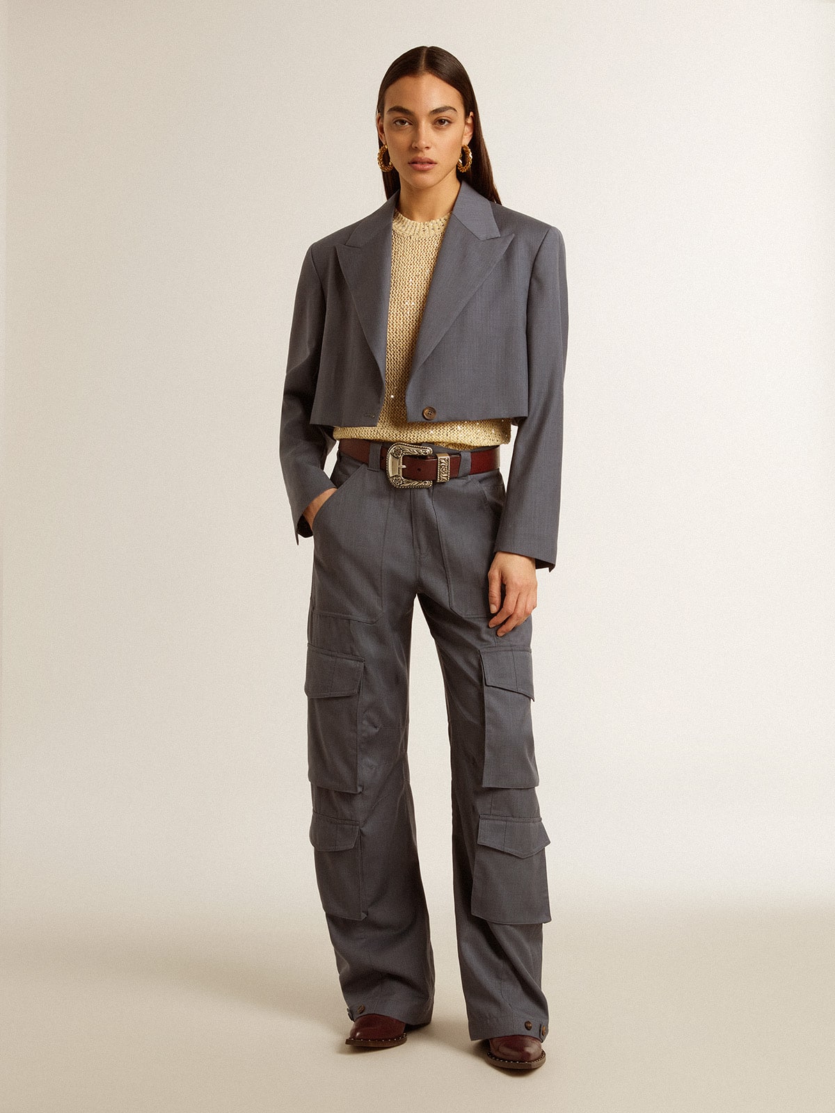 Women's single-breasted cropped jacket in baby blue wool