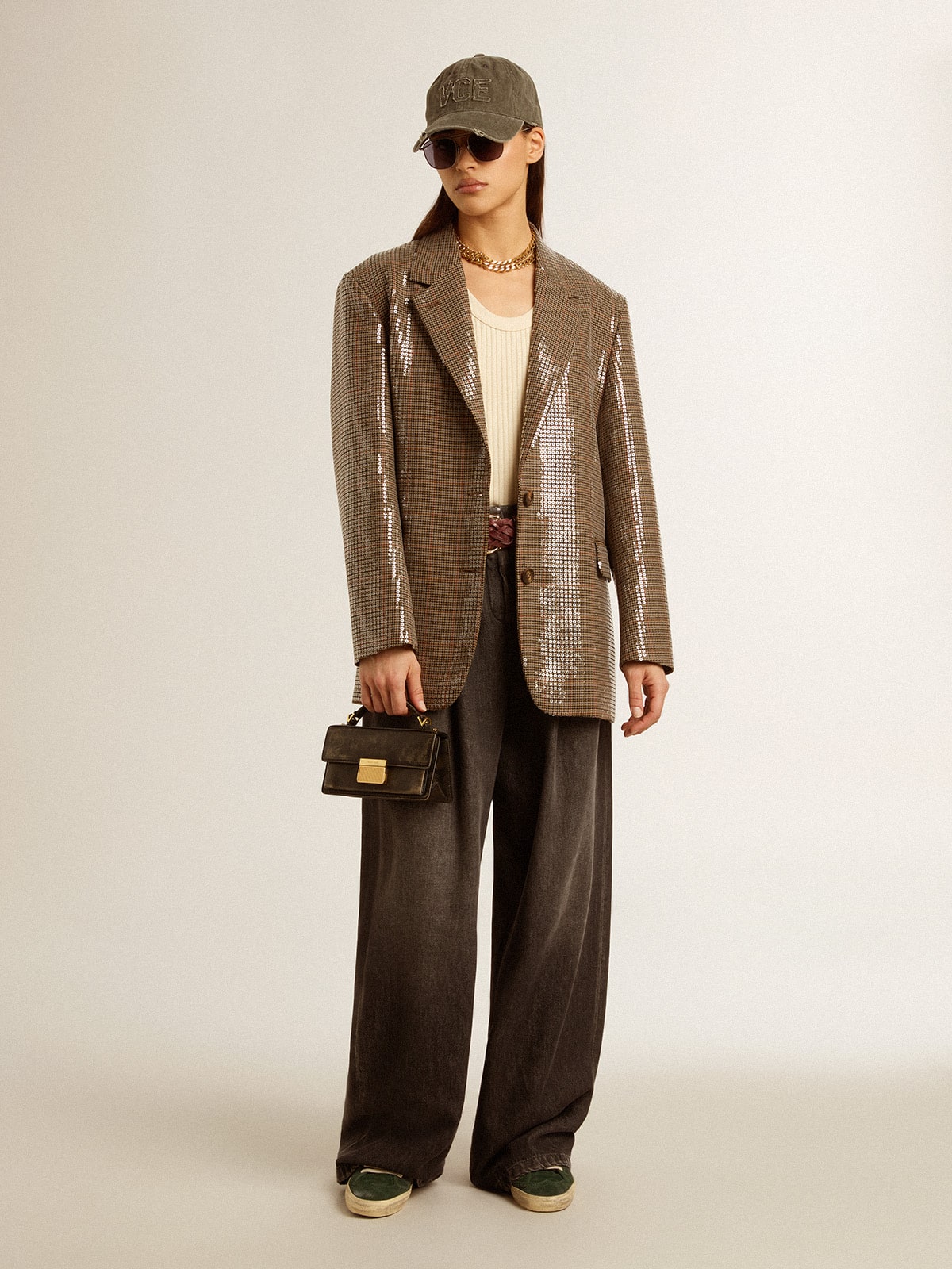 Women's houndstooth jacket with all-over sequin embroidery