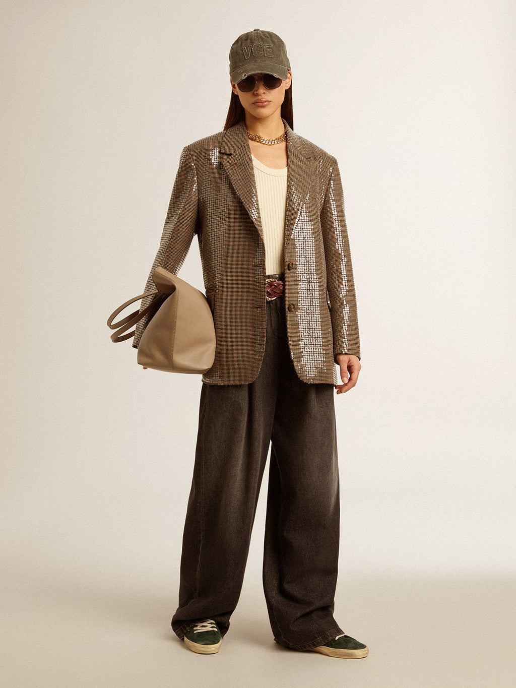 Women's houndstooth jacket with all-over sequin embroidery