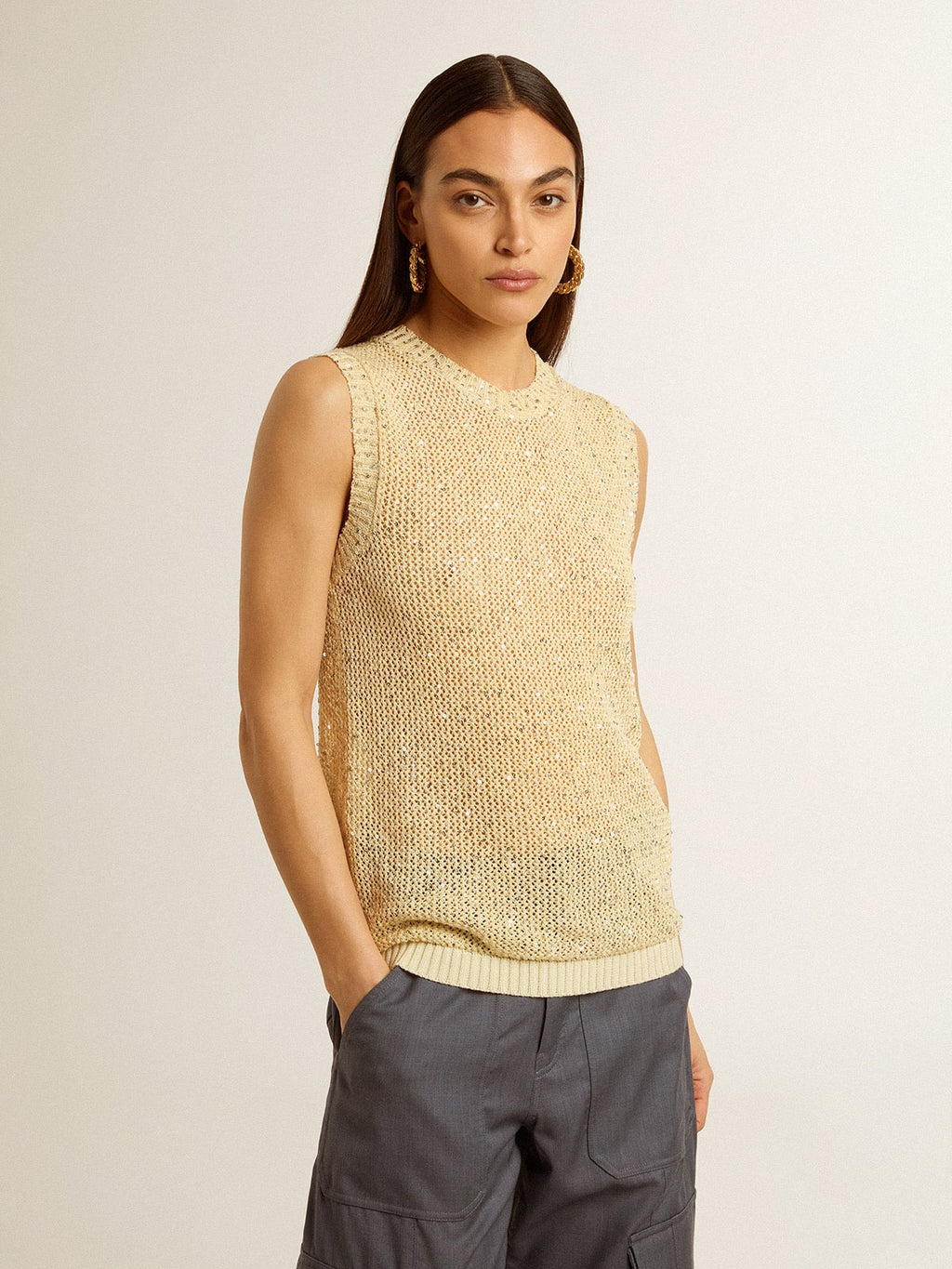 Mesh knit top with sequins and contrasting details