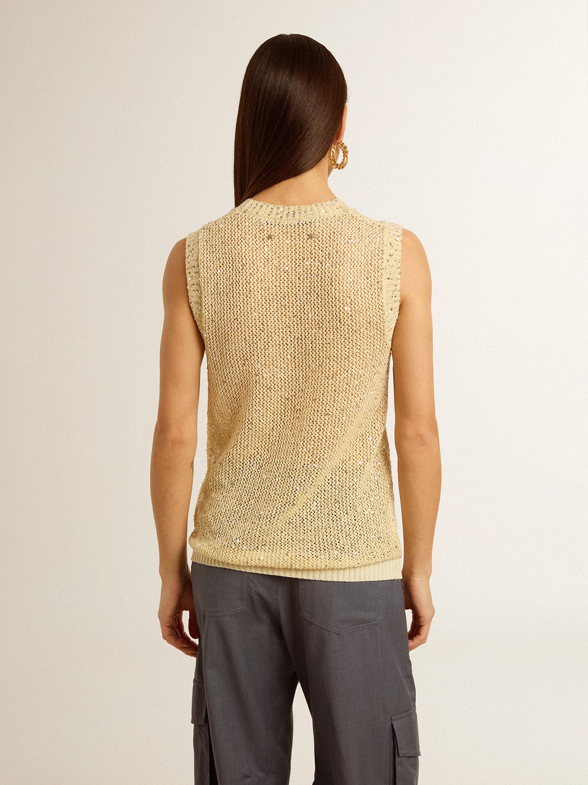 Mesh knit top with sequins and contrasting details