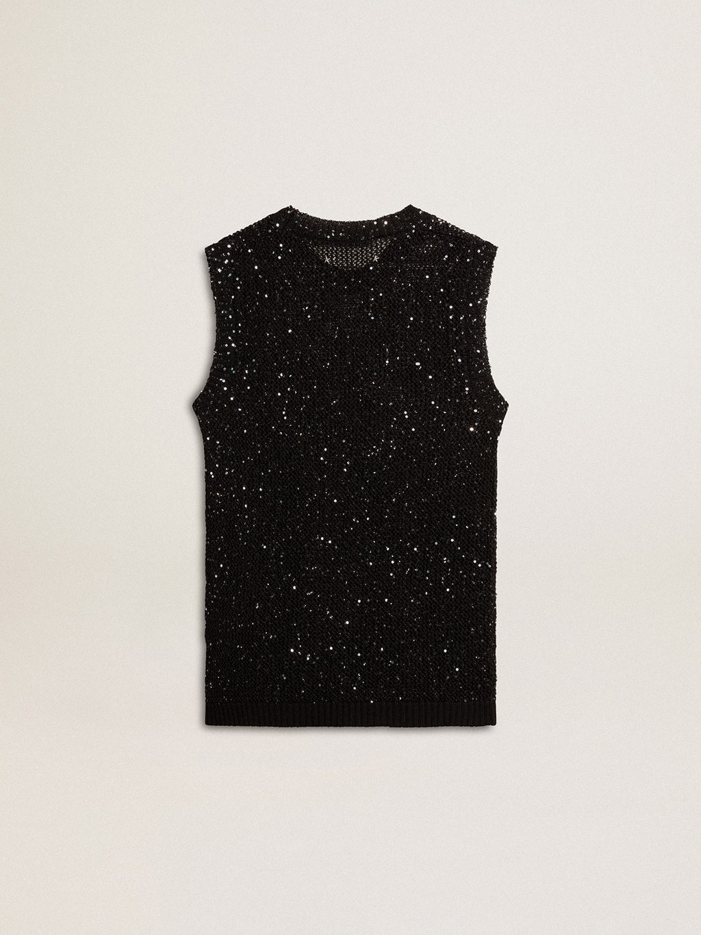 Black mesh knit top with sequins and contrasting details