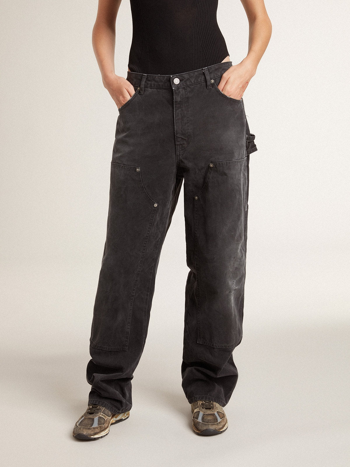 Women's distressed black cotton jeans with front patches