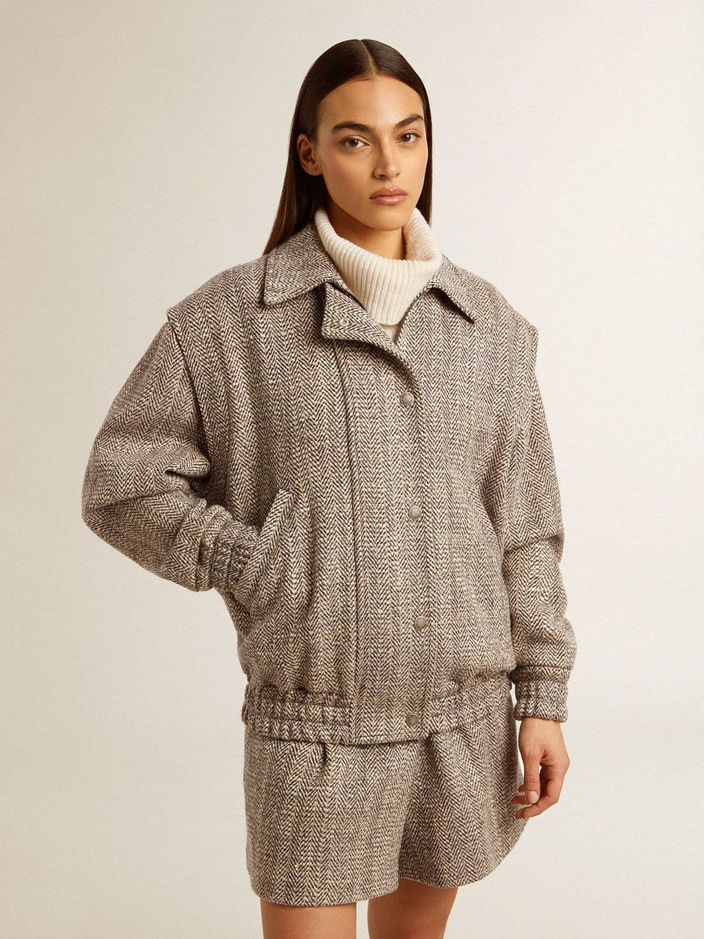 Women's bomber jacket in ecru brown herringbone wool