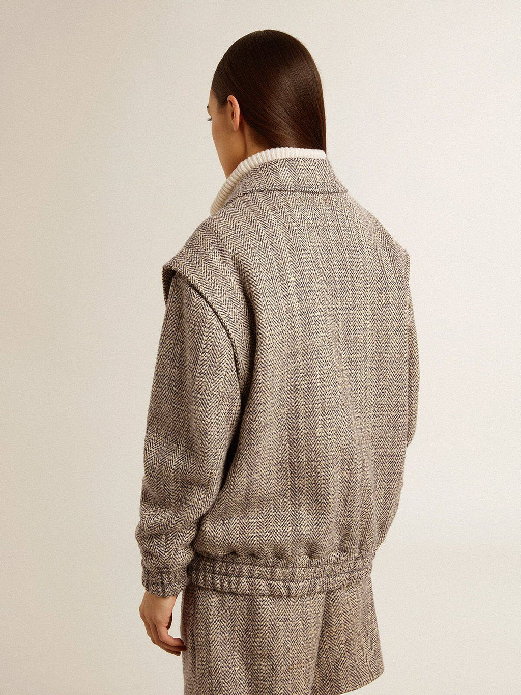 Women's bomber jacket in ecru brown herringbone wool