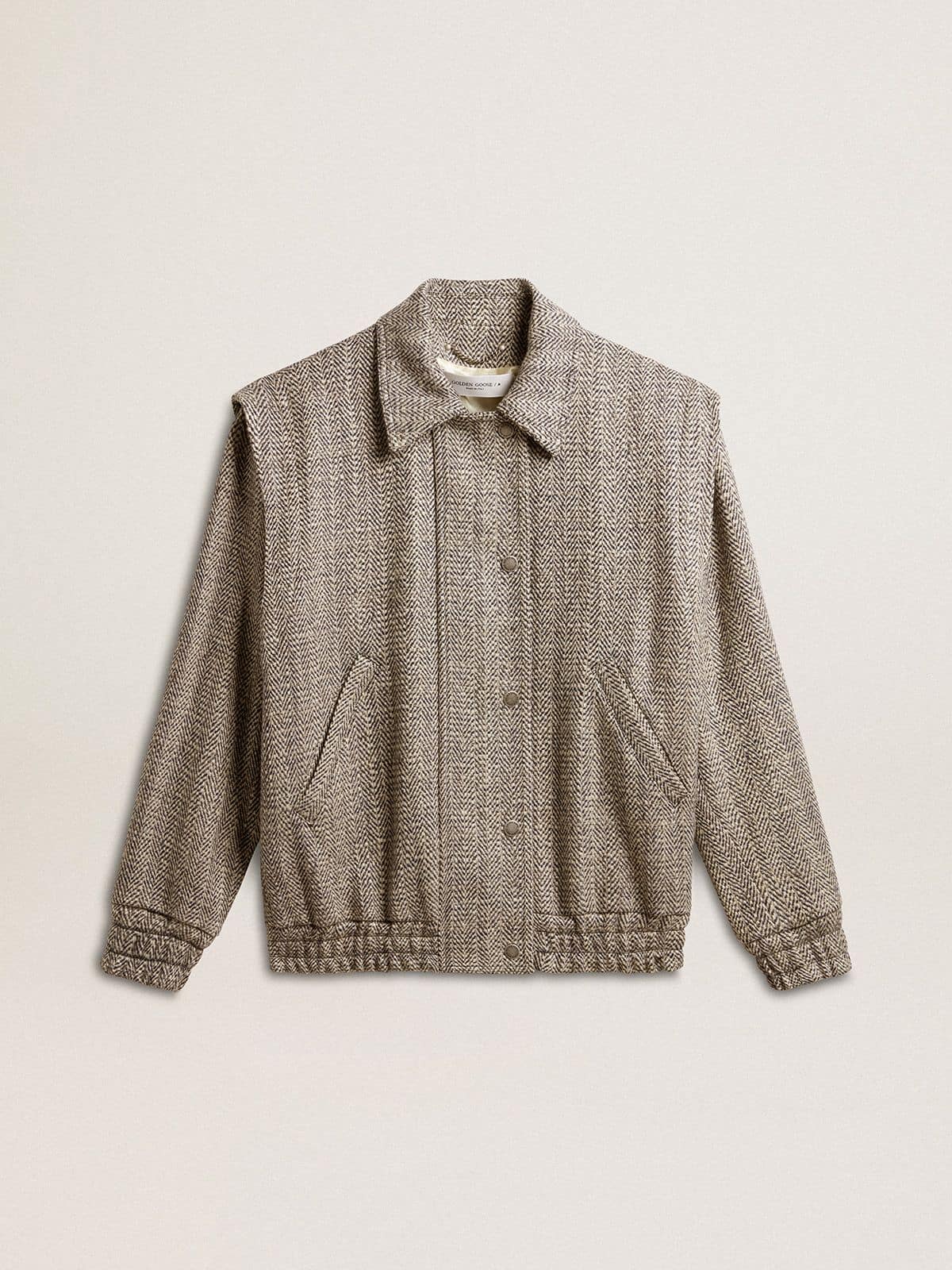 Women's bomber jacket in ecru brown herringbone wool