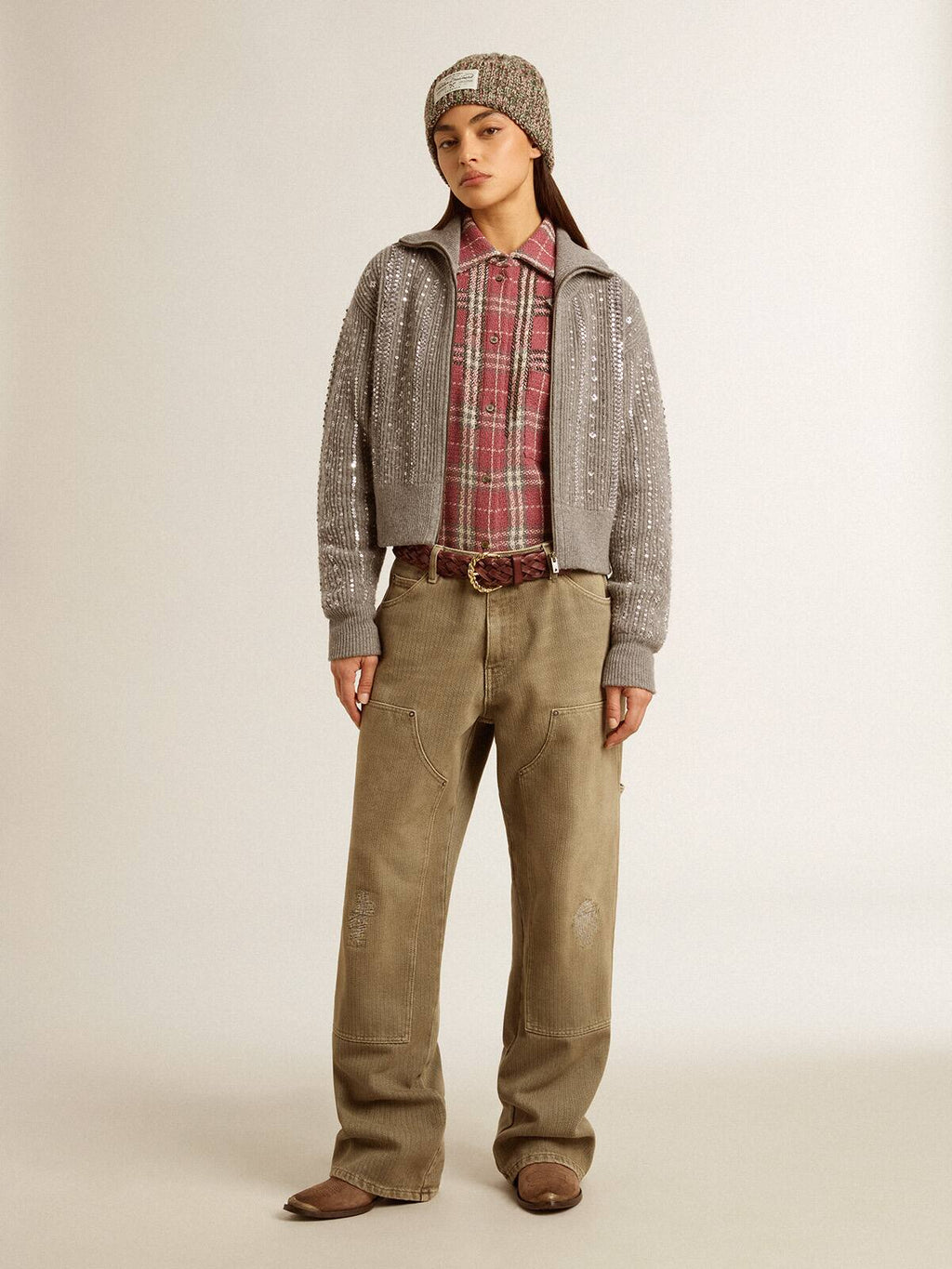 Women's cropped sweater in gray melange wool with sequins