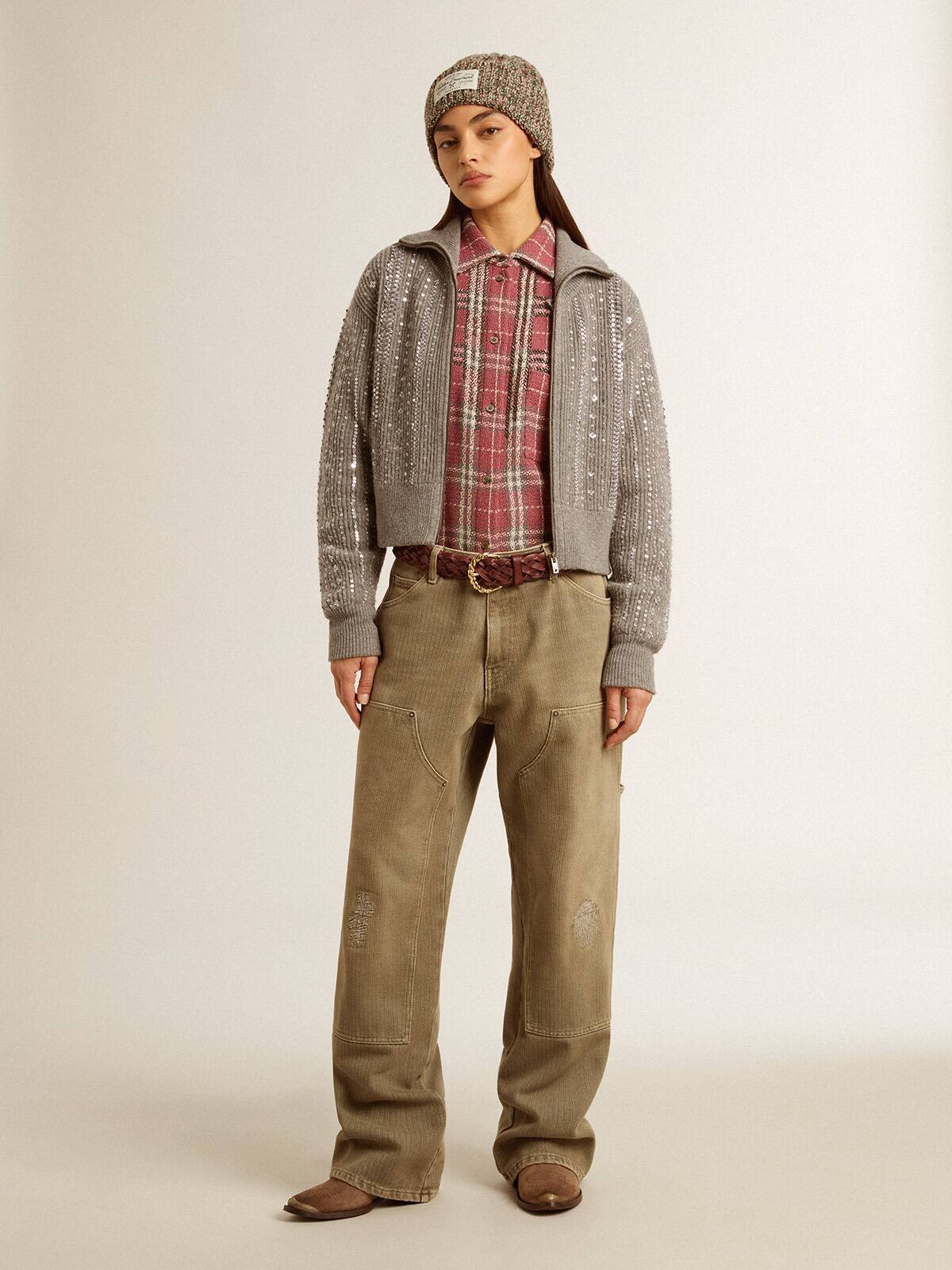 Women's cropped sweater in gray melange wool with sequins