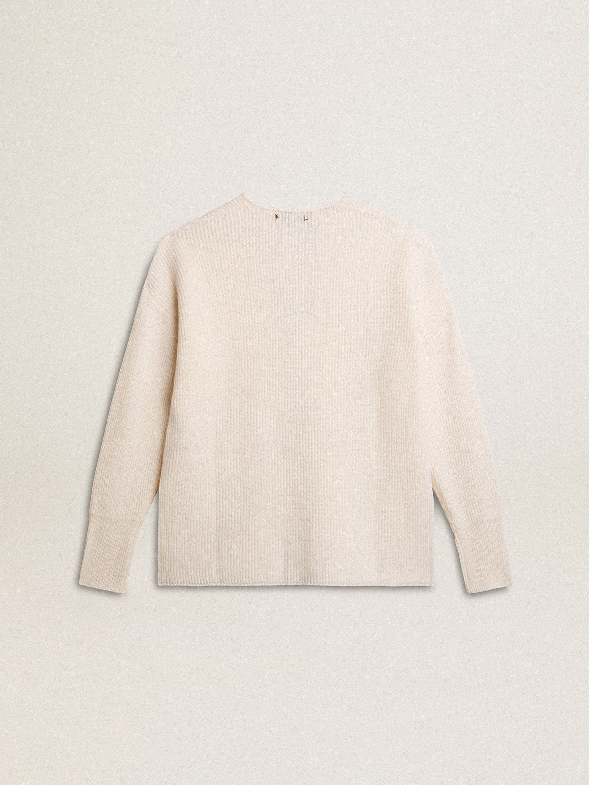 Ribbed wool sweater with V neck and drawstring with tassels