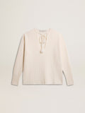 Ribbed wool sweater with V neck and drawstring with tassels