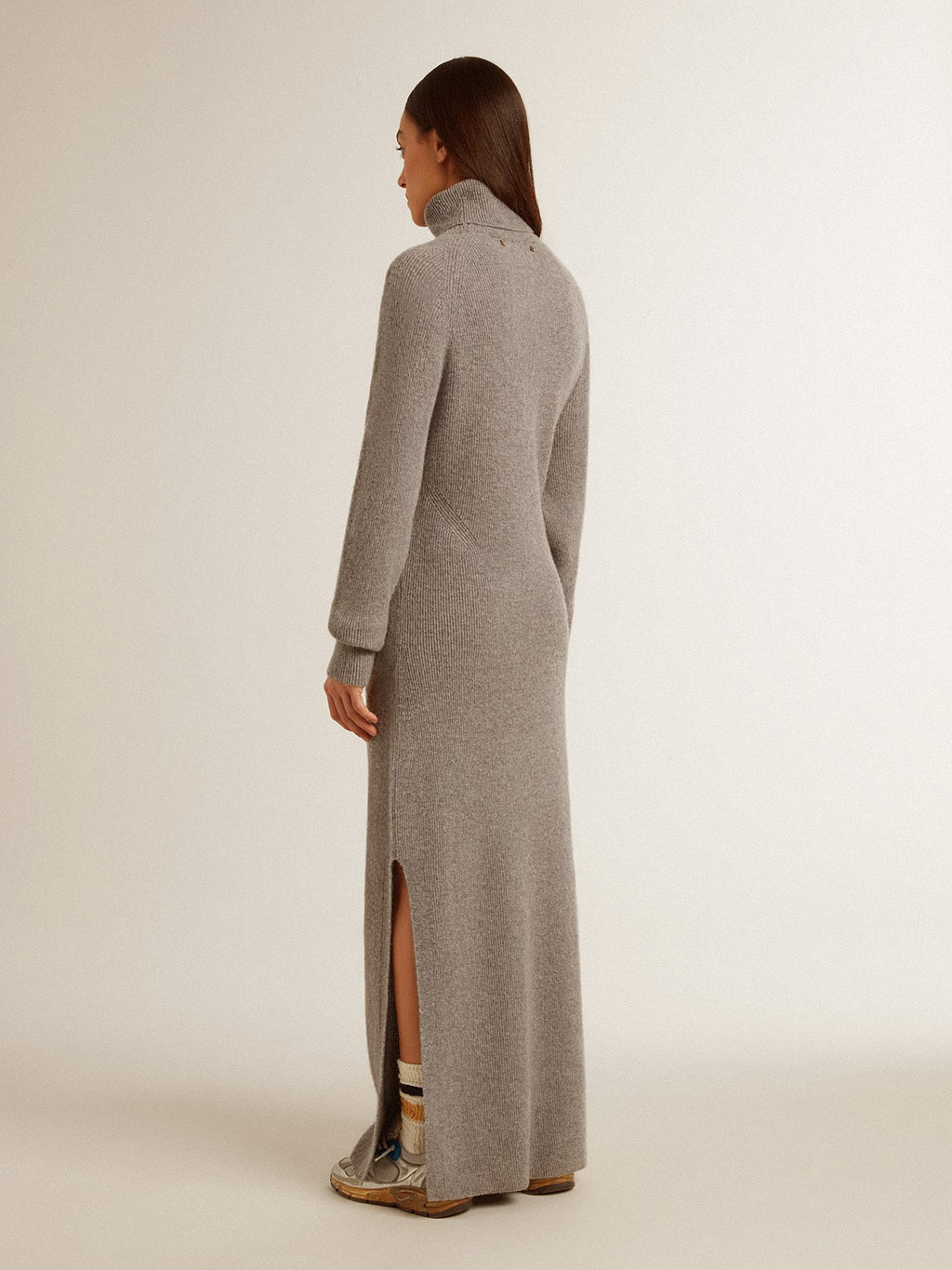 Gray melange ribbed woolen dress with high neck
