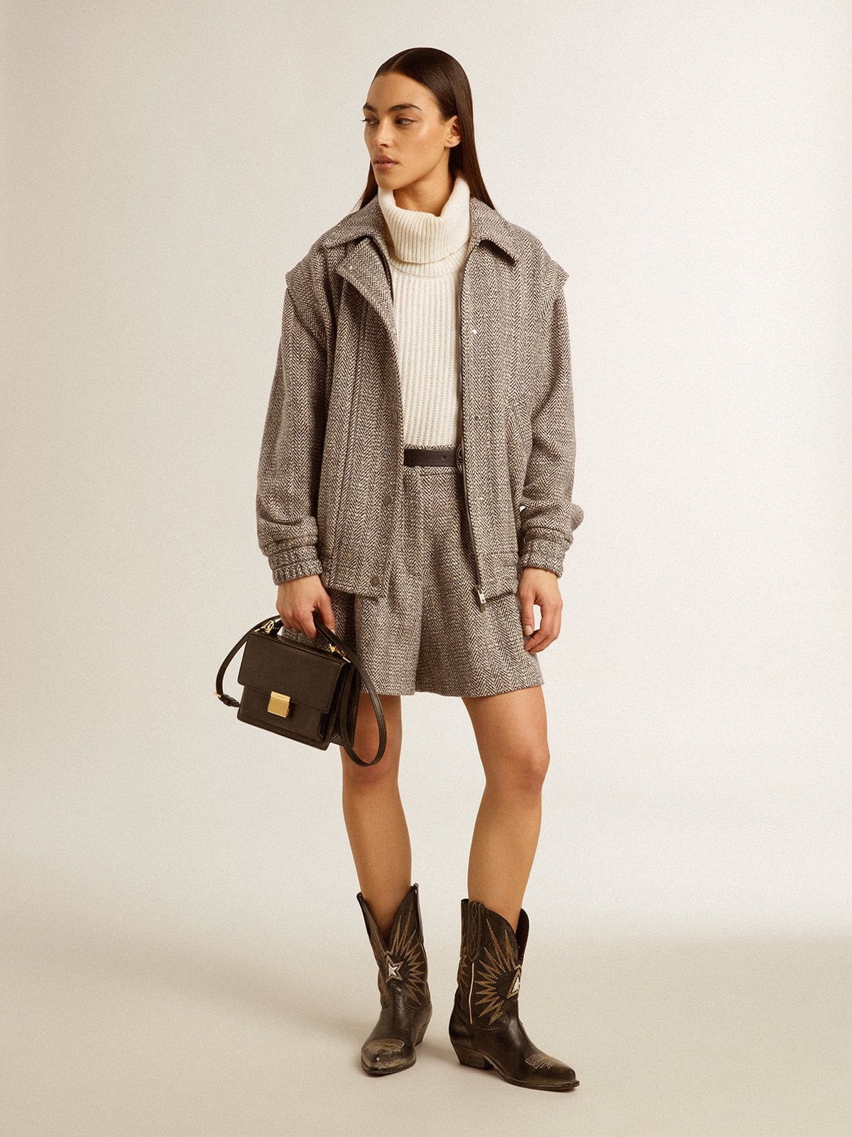 Women’s ecru brown shorts in herringbone wool