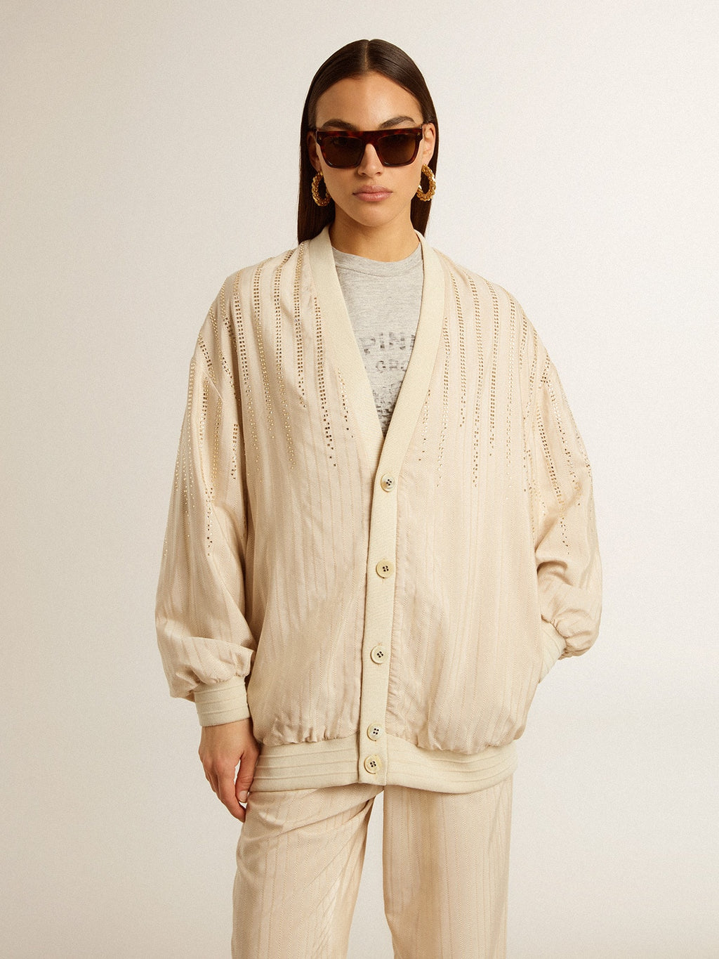 Women's silk and viscose cardigan with pinstripe motif