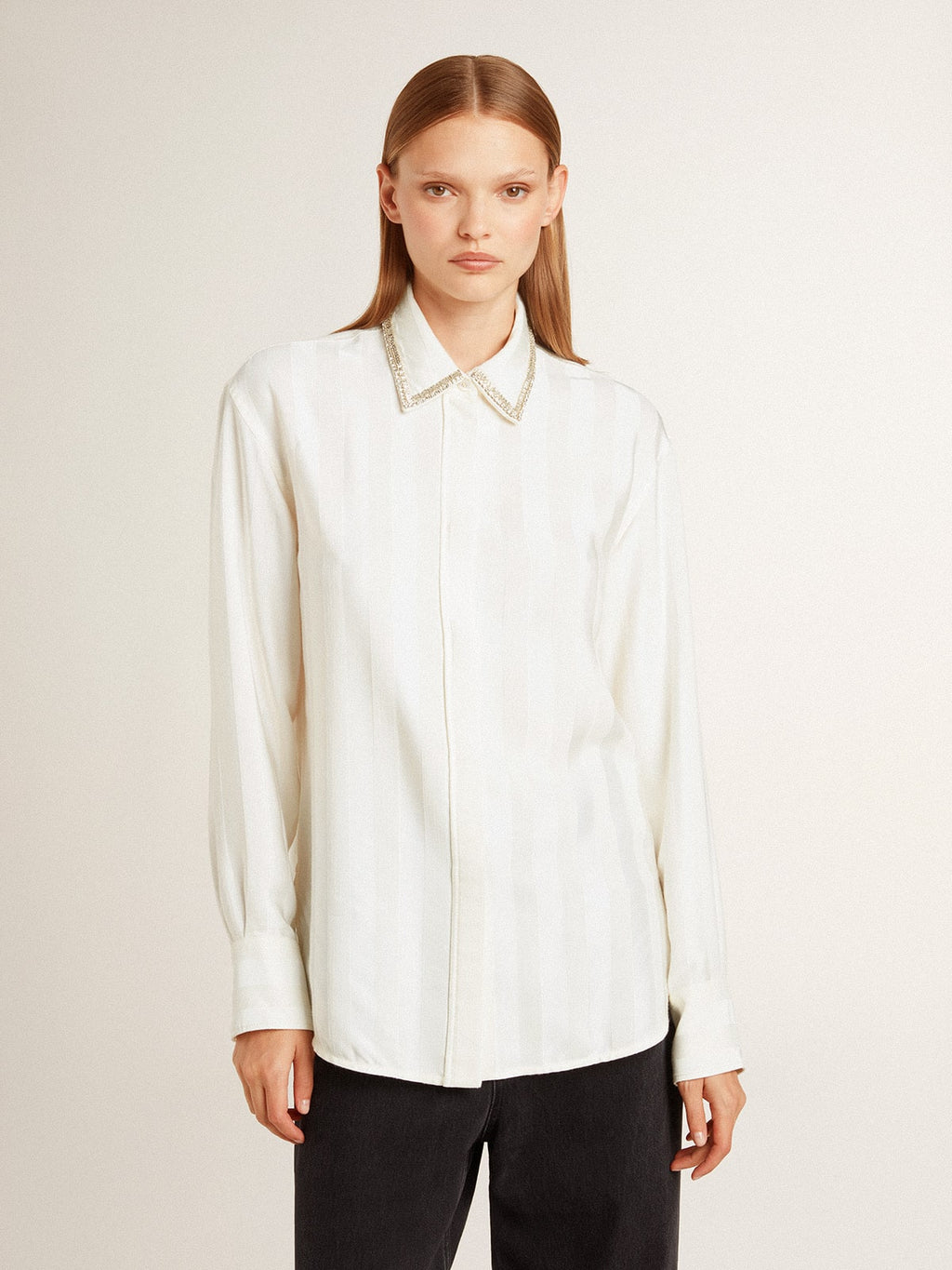 Women's shirt with a vertical striped pattern and crystal embroidery