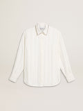 Women's shirt with a vertical striped pattern and crystal embroidery