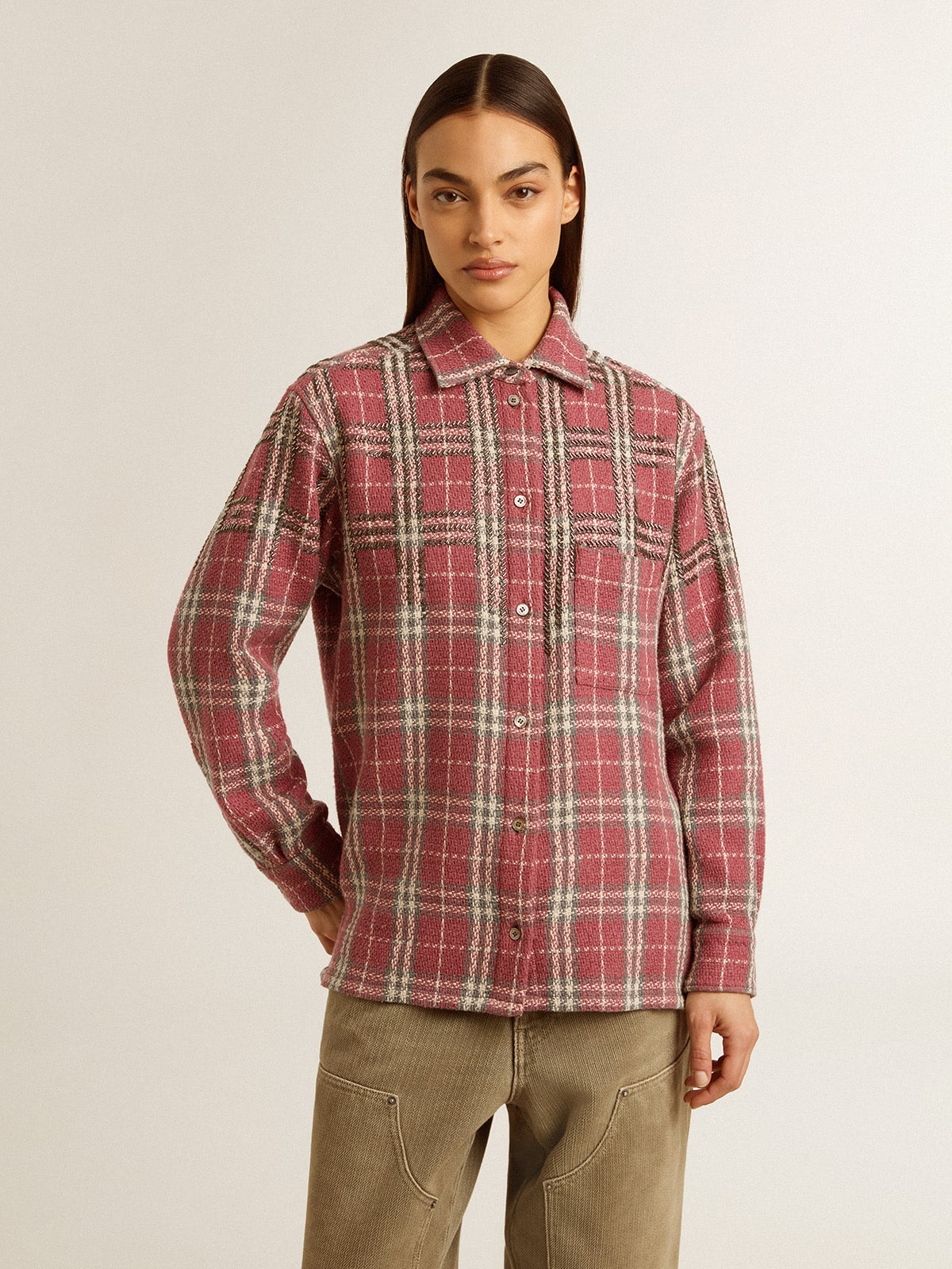 Women's shirt with pink, sand and gray check embroidery
