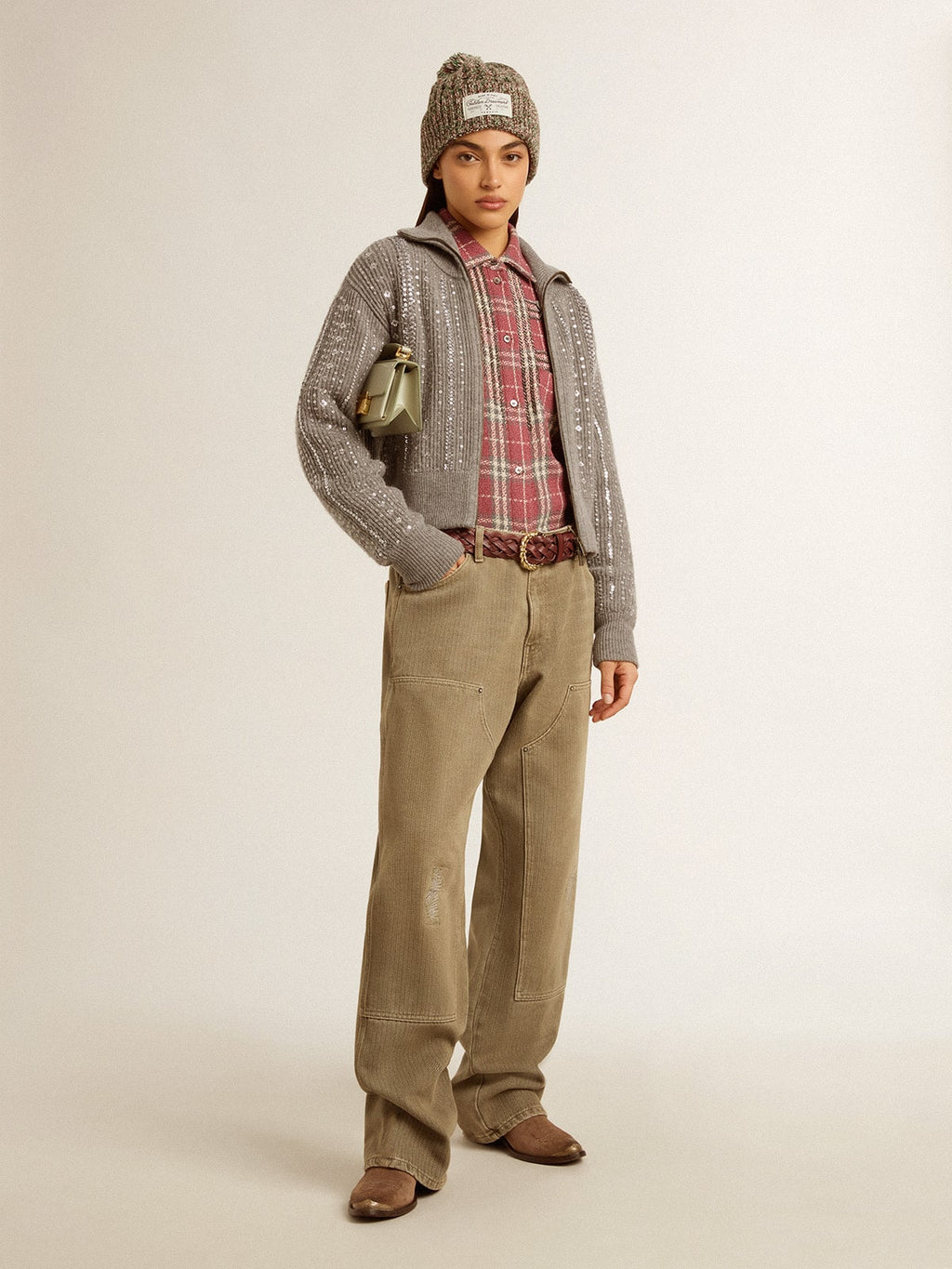Women's shirt with pink, sand and gray check embroidery