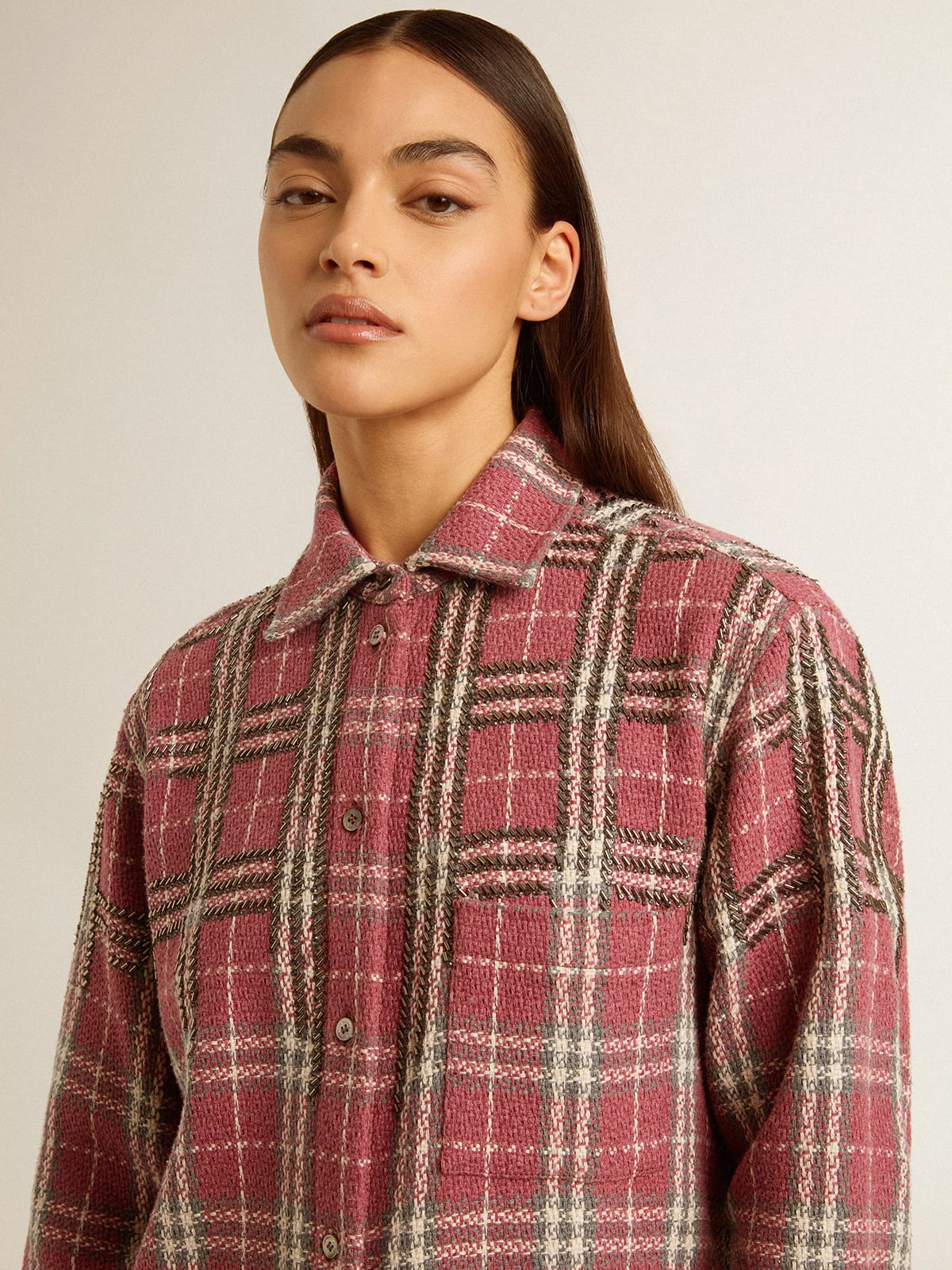 Women's shirt with pink, sand and gray check embroidery